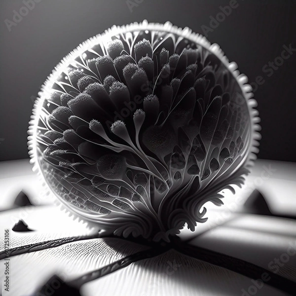 Fototapeta Bacteria under a microscope. A colony of microbes under a stereo microscope. Close-up of black and white bacteria cells in a scientific laboratory.
