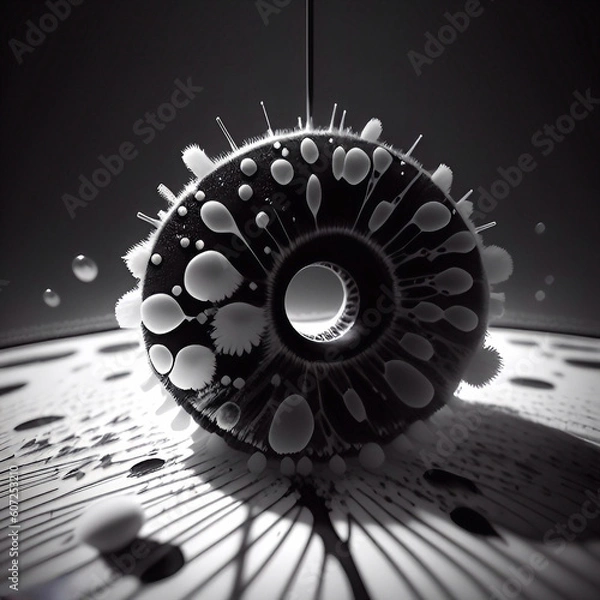 Fototapeta Bacteria under a microscope. A colony of microbes under a stereo microscope. Close-up of black and white bacteria cells in a scientific laboratory.
