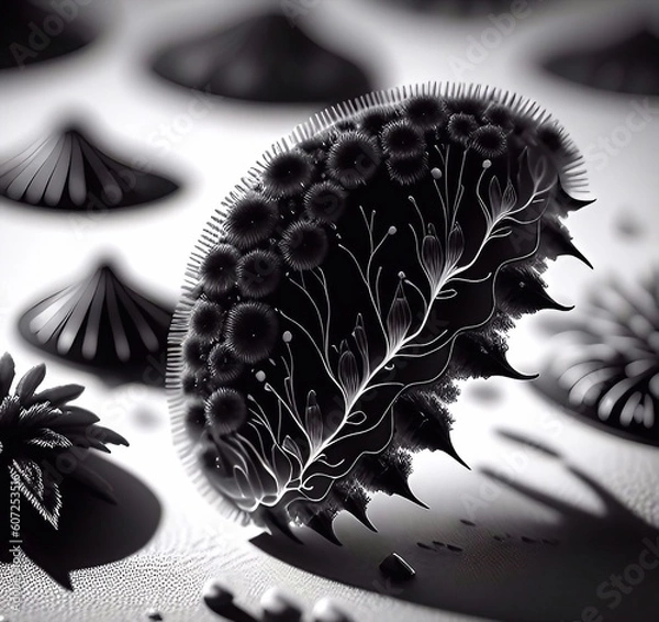 Fototapeta 
Bacteria under a microscope. A colony of microbes under a stereo microscope. Close-up of black and white bacteria cells in a scientific laboratory.
