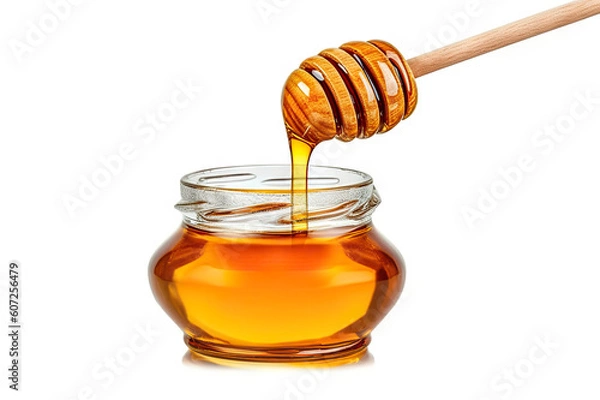 Fototapeta Golden Sweetness Honey Jar, Dipper, and Drop of Honey on White Background. created with Generative AI