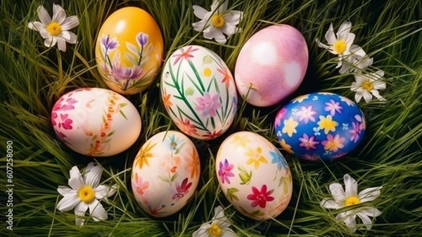 Obraz Colorful Easter eggs decorated with flowers Generative AI