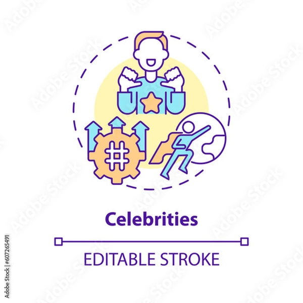 Fototapeta Celebrities concept icon. Famous people. Trend setter. Public relation. Opinion leader. Social media. Brand promotion abstract idea thin line illustration. Isolated outline drawing. Editable stroke