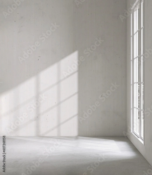 Obraz Blank white raw rough texture concrete wall, large white frame window in sunlight, grill shadow on cement floor for interior design decoration, house renovation, product space background 3D