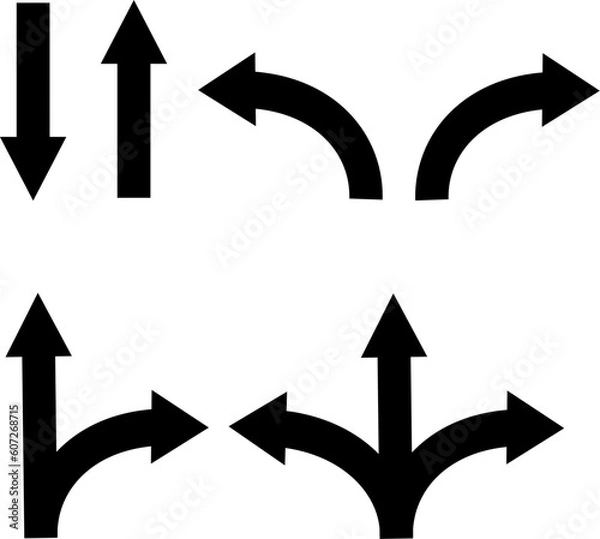 Obraz Road way arrow icon set. Fork sign, two way, three way arrow. Right and left direction in vector flat style. Replaceable vector design.