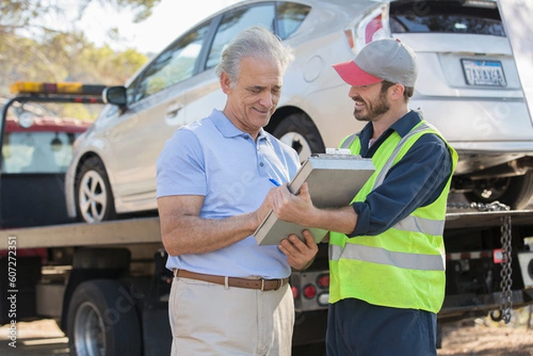 Obraz Roadside mechanic and man with paperwork