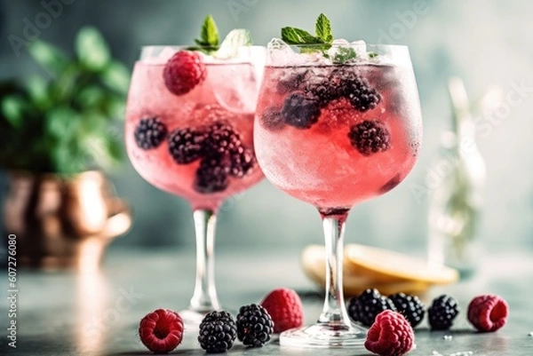 Fototapeta two tall gin glasses with pink gin and wild berry tonic served on ice, decorated with frozen berries and mint leafs