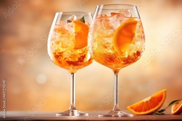 Fototapeta Two tall gin glasses with a spritz drink made of ice, soda and an Italian bitter lemon liquor, decorated with oranges