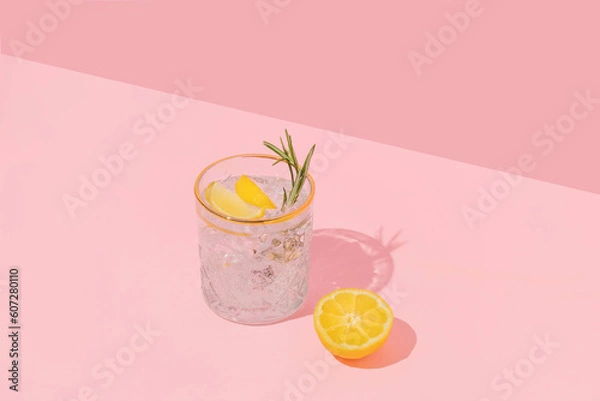 Fototapeta Summer creative layout with coctail glass and lemon half on pink background. 80s or 90s retro aesthetic idea. Minimal summer coctail idea.