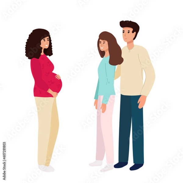 Fototapeta Couple with Surrogate Pregnant woman. Vector illustration flat cartoon style with hand drawn lettering. Adoptive parents. Surrogacy. EPS10