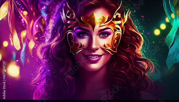 Fototapeta Carnival banner mardi gras woman smiling with venetian mask night lights copy space. Generate Ai.
