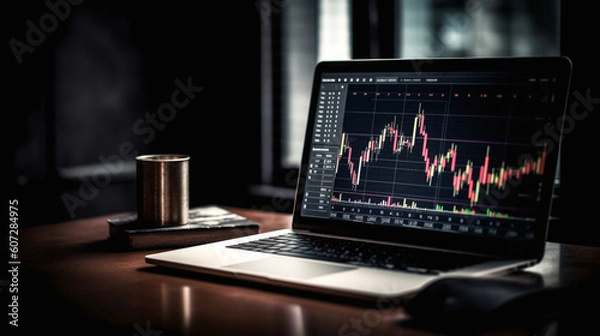 Obraz Forex Stock Chart and Laptop for trading forein exchange. Generative Ai.