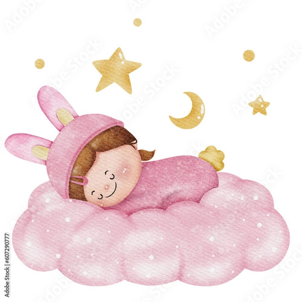 Fototapeta Cute baby girl watercolor illustration