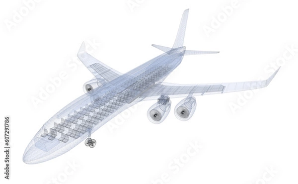 Fototapeta Airplane wire model, my own design. 3D illustration with transparent background