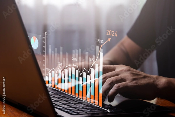 Fototapeta Technology, finance, business and investment ideas, stock market funds and digital assets. Businessman analyzing forex trading charts, financial data, business finance history..
