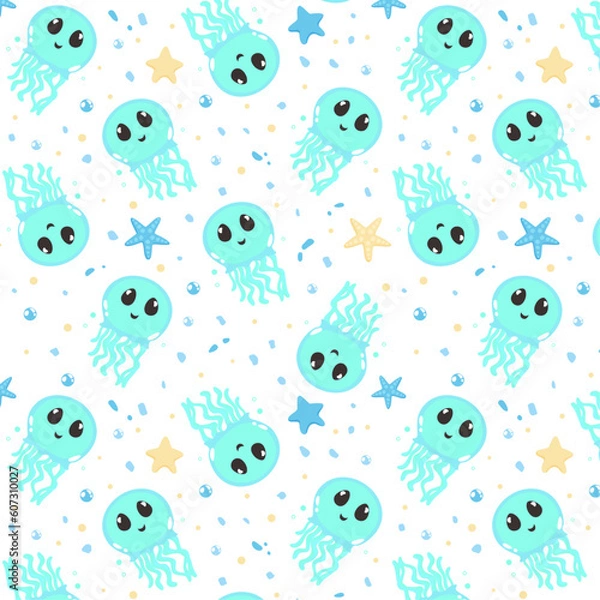 Fototapeta Summer cute seamless patterns with sea animals, colorful patterns, children's patterns with smiling animals  , jellyfish, starfish