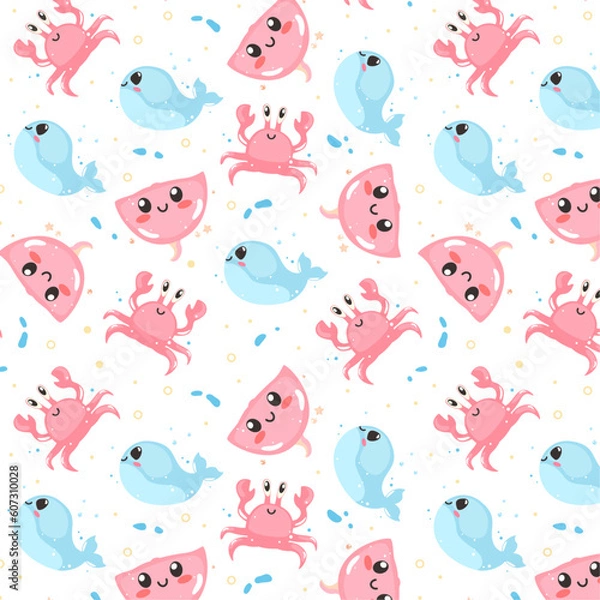 Fototapeta Summer cute seamless patterns with sea animals, colorful patterns, children's patterns with smiling animals  