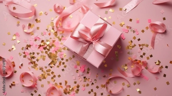 Fototapeta Gift or present box and stars confetti on pink table  Generative AI