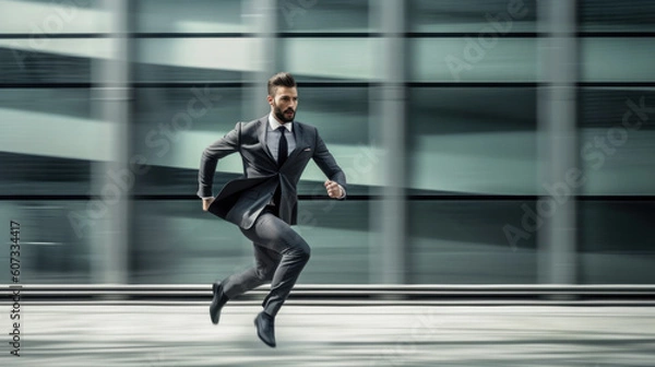 Fototapeta A businessman in a suit runs to work, the concept of performance, success and leadership created with generative AI technology