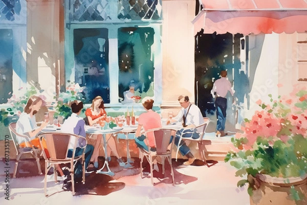 Fototapeta Watercolor modern painting: People are sitting at tables in a cafe. Illumination by sunlight. AI