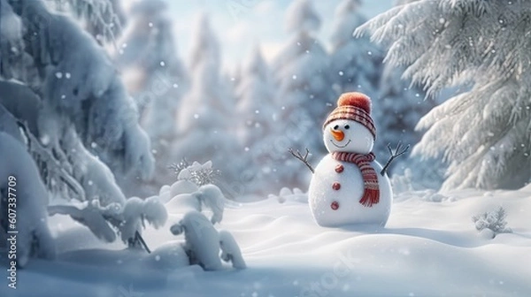 Fototapeta Realistic snowman smiling standing in snow near spruce trees. Cute new year, christmas holiday character smiling in red mittens scarf and hat. Generative AI