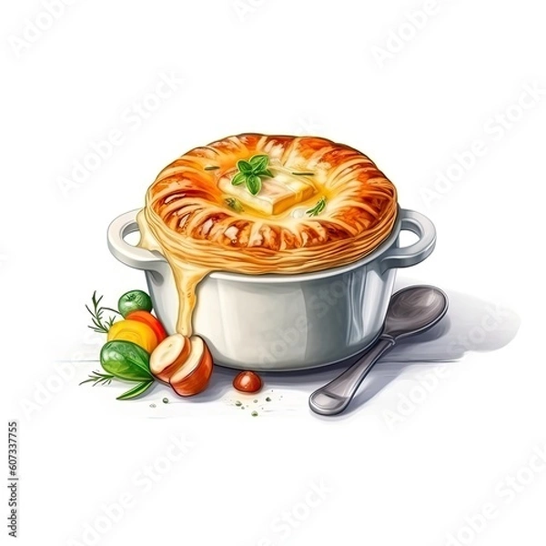 Fototapeta Chicken pot pie dish isolated on white background. Generative AI