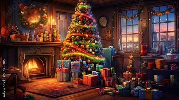Fototapeta Interior christmas. Magic glowing tree, fireplace and gifts. Generative AI