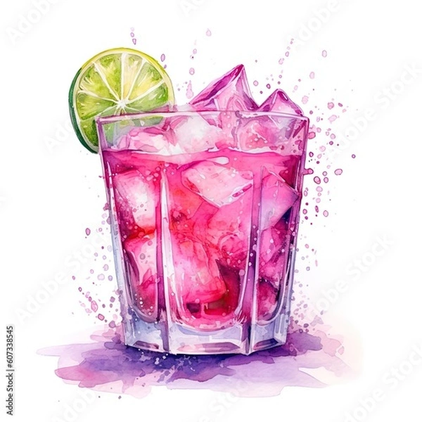 Fototapeta Refreshing pink drink or cocktail with ice, garnished with a slice of lime. Generative AI