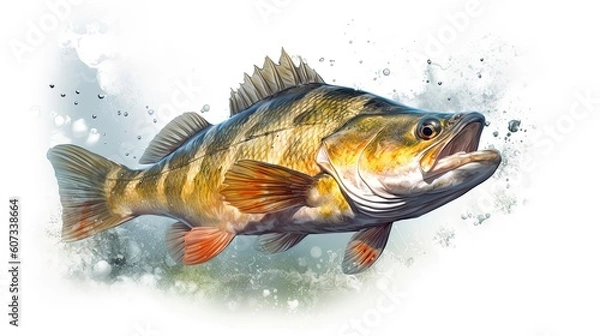 Fototapeta Zander fish. Pike perch river fish jumping out of water. Isolated on white background. Generative AI