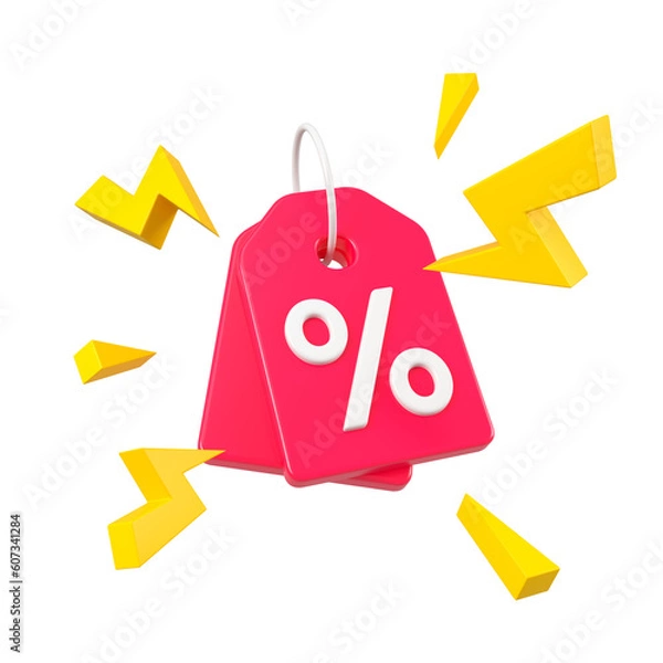 Obraz Discount tag for sales and shopping online with thunder bolt. Flash lightning on offer promotion isolated. Price percent 3d rendering.