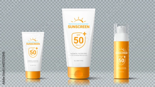 Obraz 3d templates of cosmetic bottle and tubes. 3d bottle and tubes of sunscreen cream isolated on checkered background. 3d packages for promo of cosmetic goods. Realistic vector mock up of skincare goods.