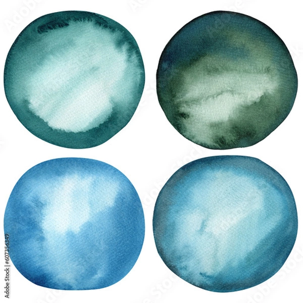 Fototapeta blue abstract watercolor splashes set, paint splashes on an isolated white background, hand drawn