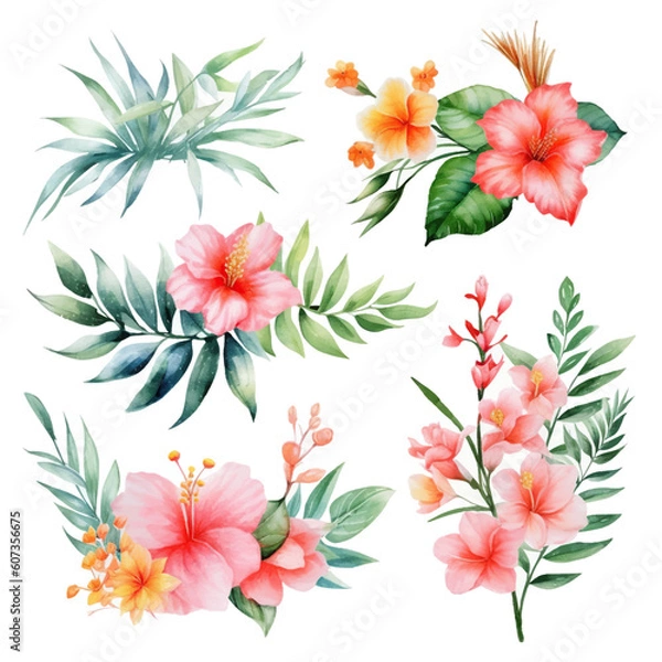 Obraz Set of tropical floral watecolor. tropical flower, tropical leaves. tropical poster, invitation floral. Vector arrangements for greeting card or invitation design