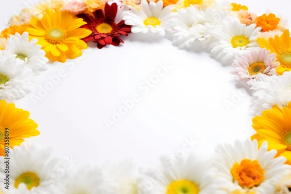 Fototapeta Vivid summer flower frame layout with text space, copy space. Wedding concept, Birthday concept, Congratulations concept. Women's Day, Mother's Day, Valentine's Day. Generative AI.