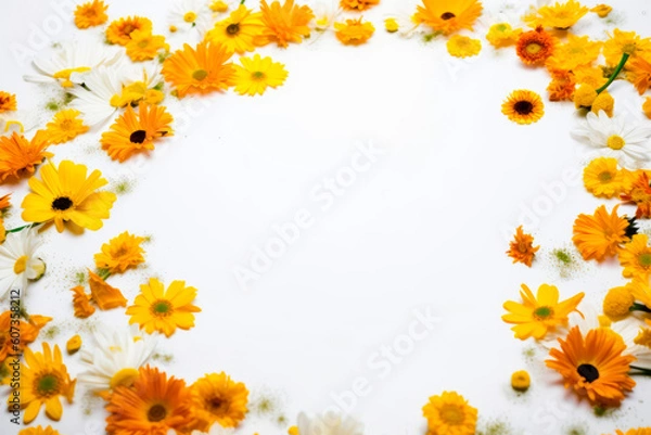 Fototapeta Vivid summer flower frame layout with text space, copy space. Wedding concept, Birthday concept, Congratulations concept. Women's Day, Mother's Day, Valentine's Day. Generative AI.