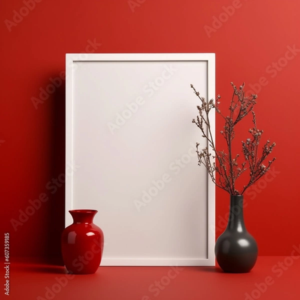 Fototapeta A mockup of an empty picture frame surrounded by flowers, minimalism