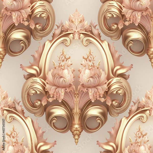 Obraz Luxury golden seamless pattern. Phantasy pink and gold background with curly elements, floral silhouettes. Elegant baroque, rococo, victorian ornament. Illustration created with generative AI tools