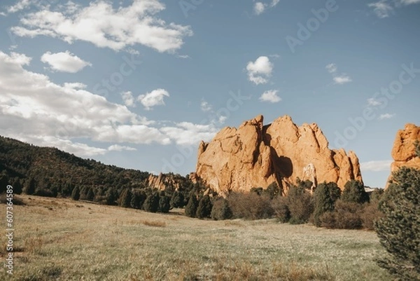 Fototapeta Scenic view of a huge rock formation in the woods surrounded by trees in sunlight