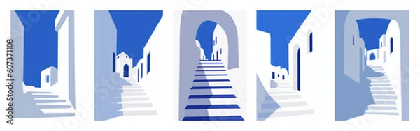 Fototapeta Street view of Traditional Santorini Greece architecture, white houses, arcs, stairs. Flat style, minimalistic. Vertical Orientation. Vector illustration set for covers, prints, posters