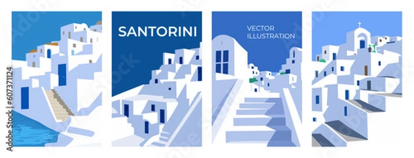 Fototapeta Street view of Traditional Santorini Greece architecture, white houses, arcs, stairs. Flat style, minimalistic. Vertical Orientation. Vector illustration set for covers, prints, posters