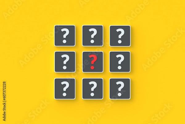 Obraz Cubes with question symbols. Correct answer. Incorrect question. Faq and support. Problem solution concept. Dubious decision. Search for information. Top view. 3d render