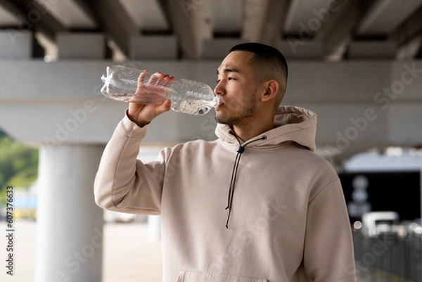 Fototapeta A young guy drinks water from a bottle to quench his thirst after a long run. A young Asian man stands outdoors and drinks water from a bottle.