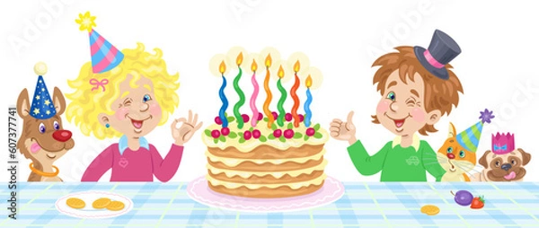 Fototapeta Happy birthday! Cute girl, funny boy in carnival hats with their pets are sitting at the table with a big cake with candles. In cartoon style. Isolated on white background. Vector flat illustration.