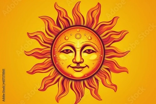 Fototapeta Stylized illustration of an orange sun with a face and sun beams in a yellow background, generative AI