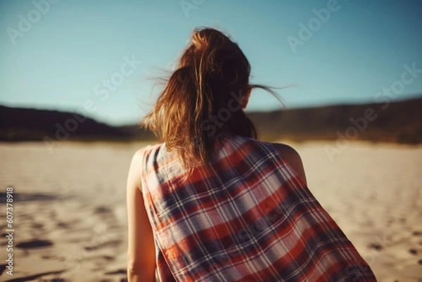 Fototapeta Brown haired girl covered with a cloth plaid cape standing peacefully at the beach on the sand and looking into the distance, generative AI