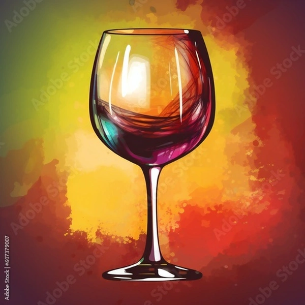 Fototapeta Illustration of a wine glass with a flowing red wine in a red and yellow background, generative AI
