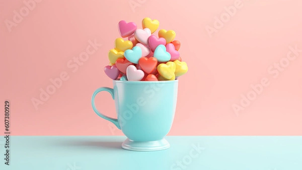 Fototapeta blue cup willed with colorful hearts. Generative AI