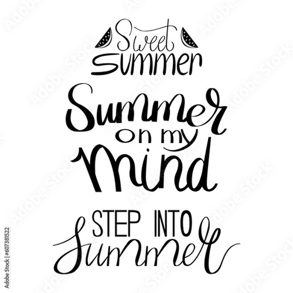 Fototapeta Summer hand drawn brush letterings set. Summer typography with watermelon. Black and white lettering. Hand drawn sweet summer. Written by hand letters.