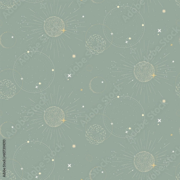 Fototapeta Celestail sun moon star esoteric seamless pattern on blue background. Alchemy galaxy, universe golden moon , sparkle light