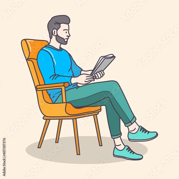 Fototapeta Young boy working on a chair and table with a mobile phone using from home, flat coloring line art minimal illustration