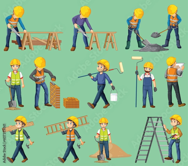 Fototapeta Construction worker set with people doing different jobs by the greatest graphics